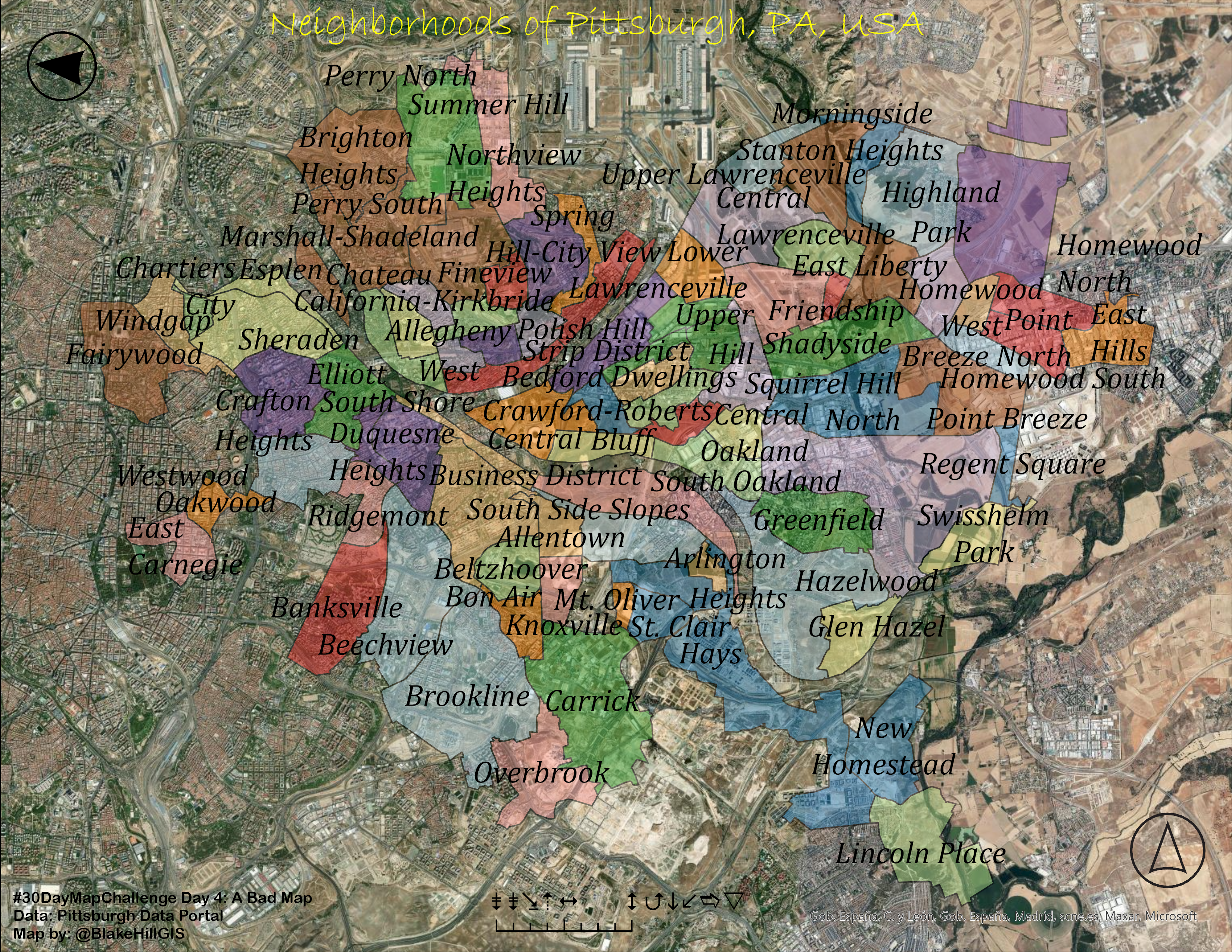 alt: A map showing the neighborhood boundaries of Pittsburgh, PA, USA. The neighborhoods are a variety of bright colors and labeled with large text that takes up too much space. There are two north arrows pointing in different directions, a scale bar with wingding font labels, and the map projection is wrong for the layer so the neighborhoods are overlayed on Madrid, ES instead of Pittsburgh.