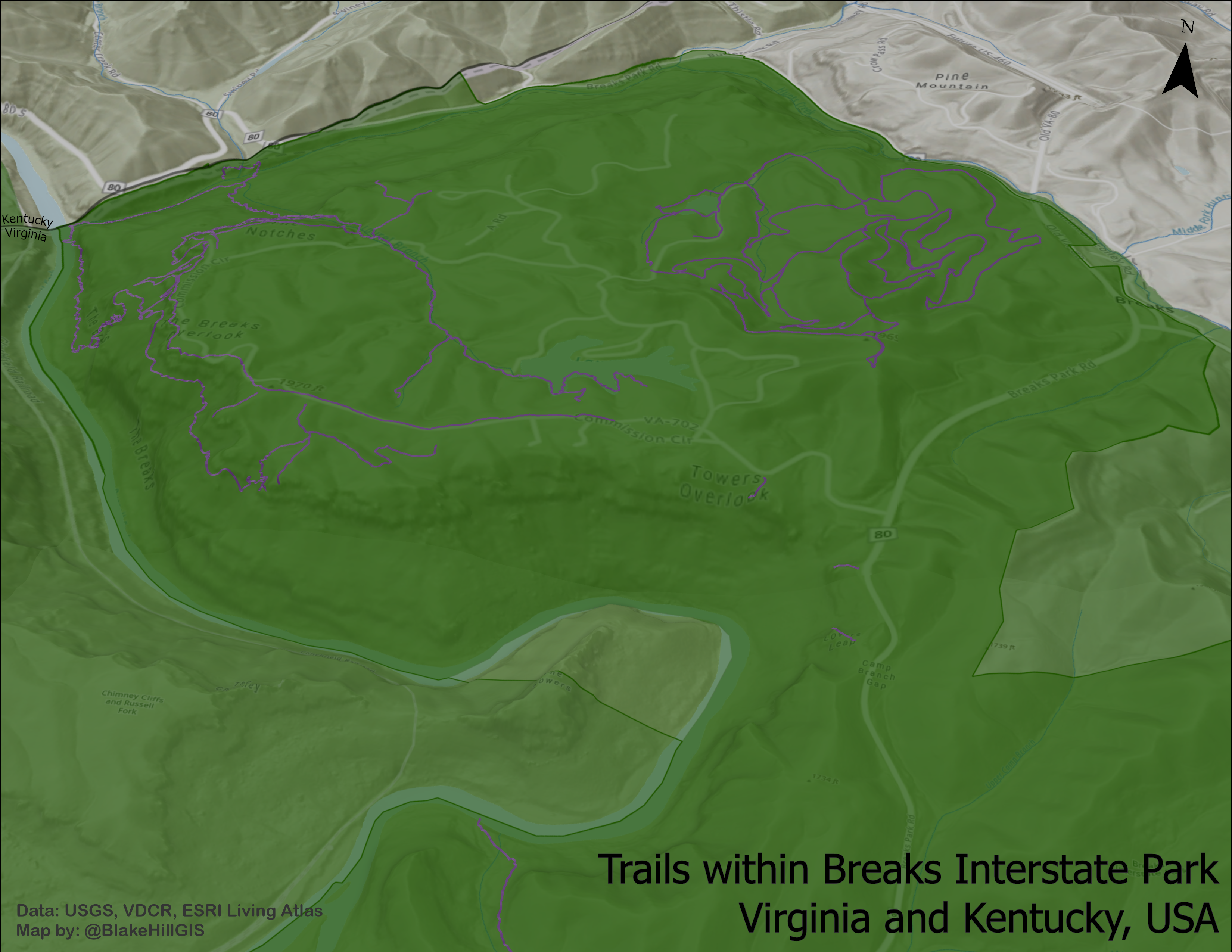 alt: A map showing the state-maintained trails of Breaks Interstate Park. The 3D base is showing the elevation in the area and trails are displayed in a singular color 